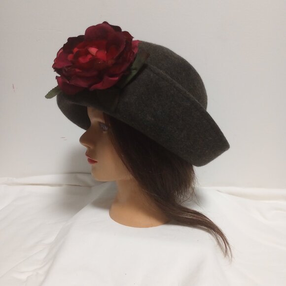 ***SOLD*** Gray Felted Wool Derby Hat with Burgundy Red Silk Flower - Picture 2 of 11